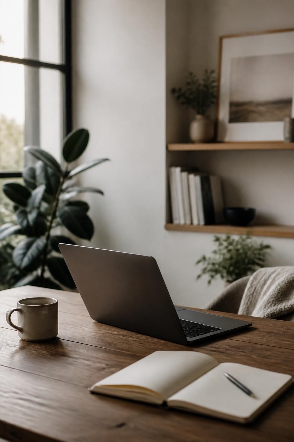 Inviting modern studio with a laptop and calm website planning setup.