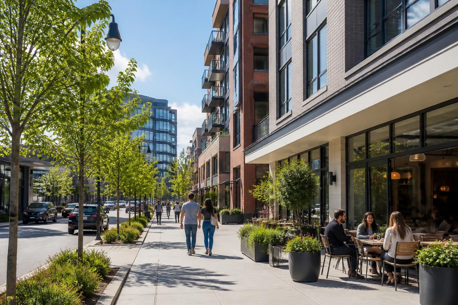 City neighborhood with modern buildings and bright natural light.