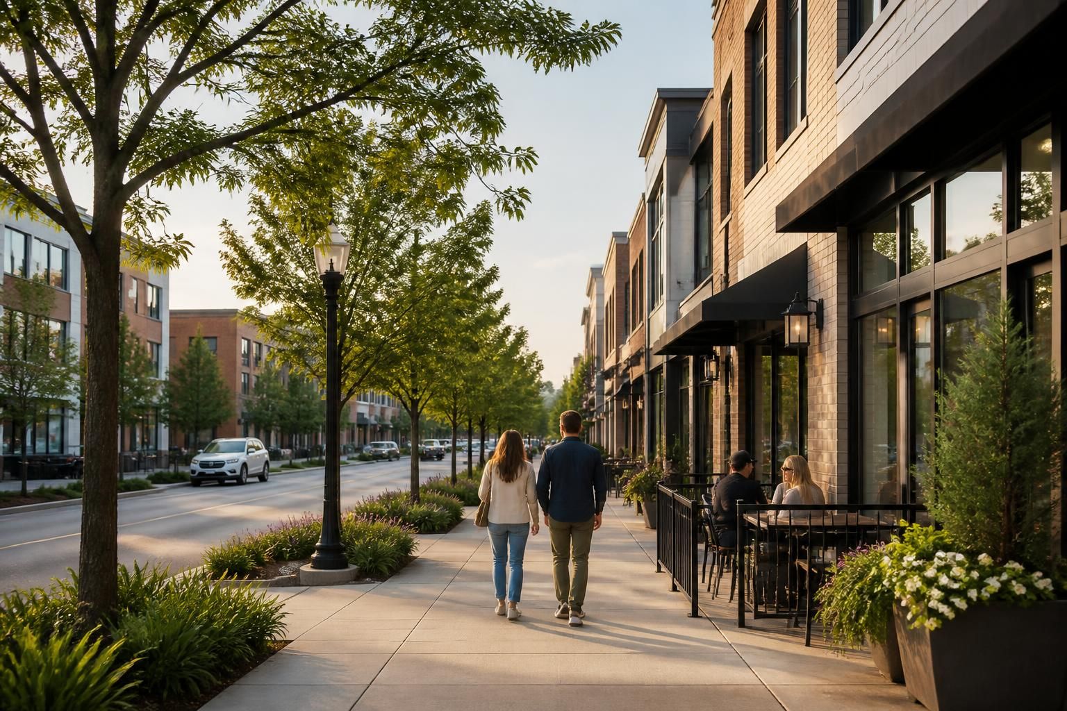 Clean streets and modern low-rise architecture in a calm setting.