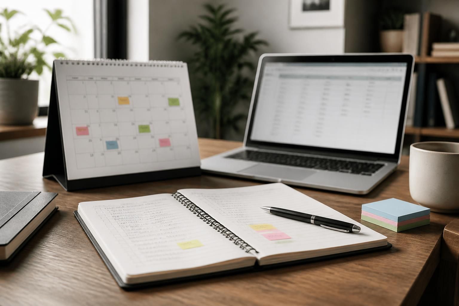 Local marketing planning desk with laptop and calendar.