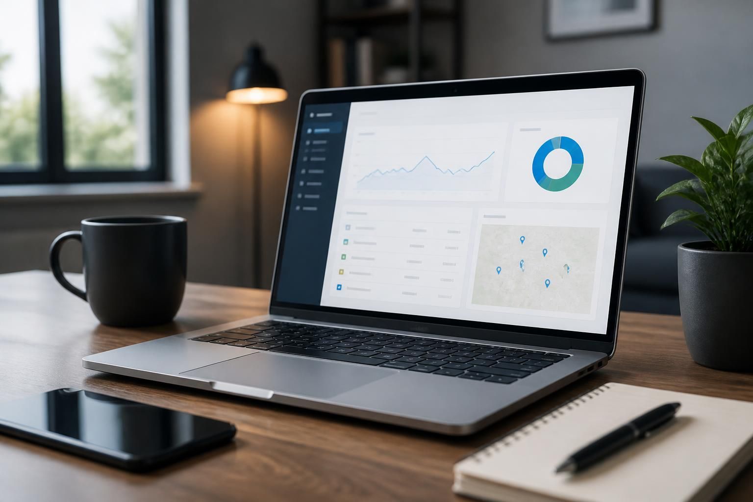 Laptop in a clean workspace for business profile setup.