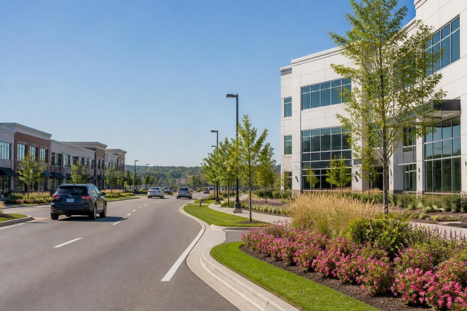 Suburban business corridor with clean architecture and landscaping.