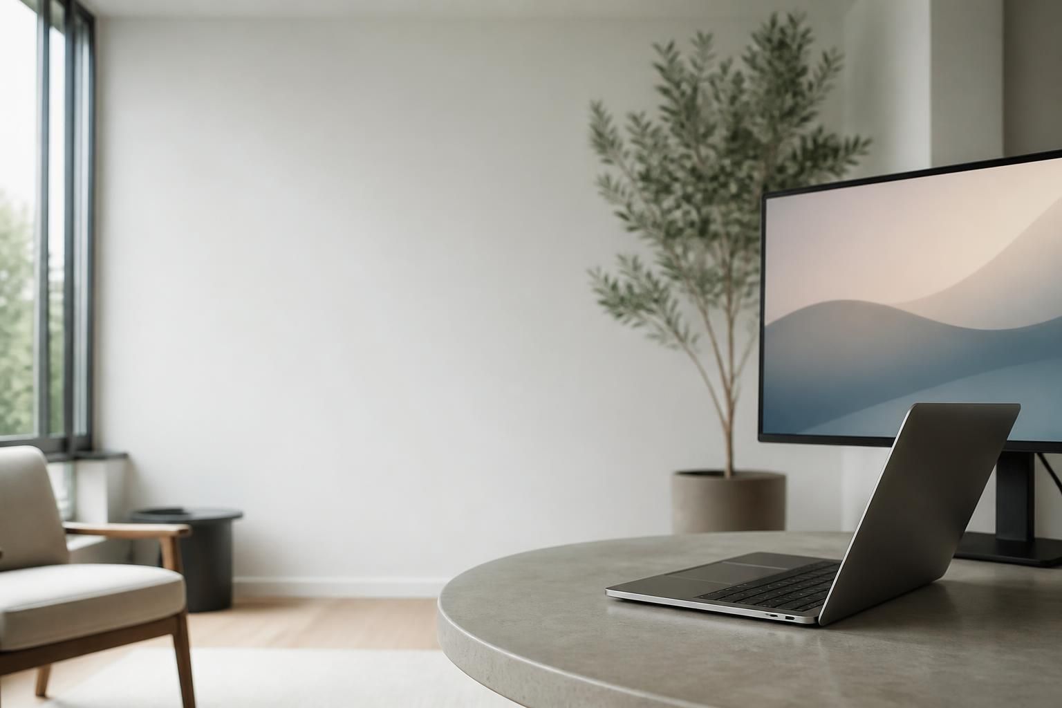 Bright modern workspace with open space for call-to-action text.