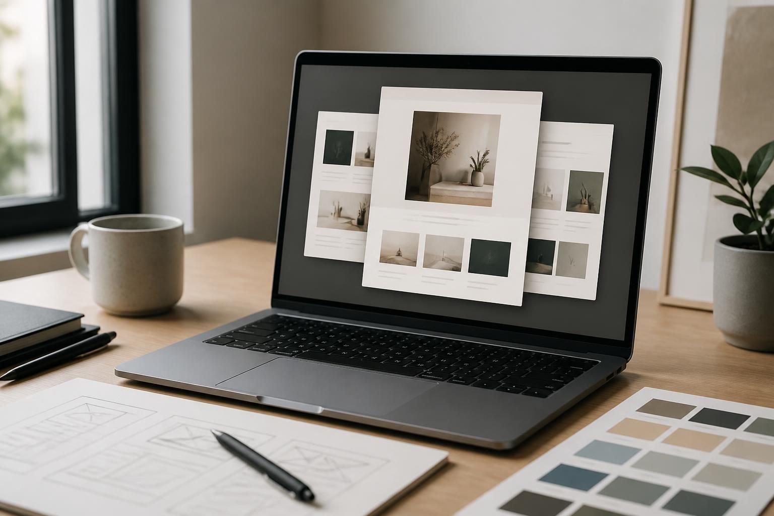 Custom website design workspace with laptop and mockup screens.
