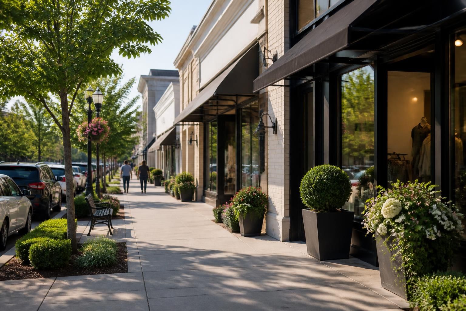 Tidy commercial district with landscaped sidewalks and warm light.