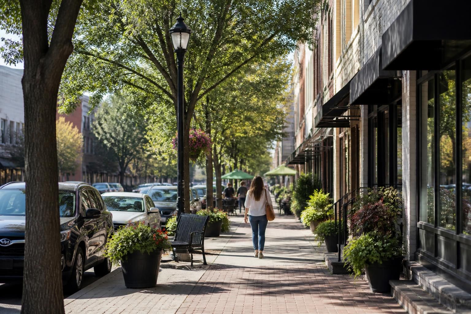 Sunlit downtown streetscape with mature trees and storefronts.