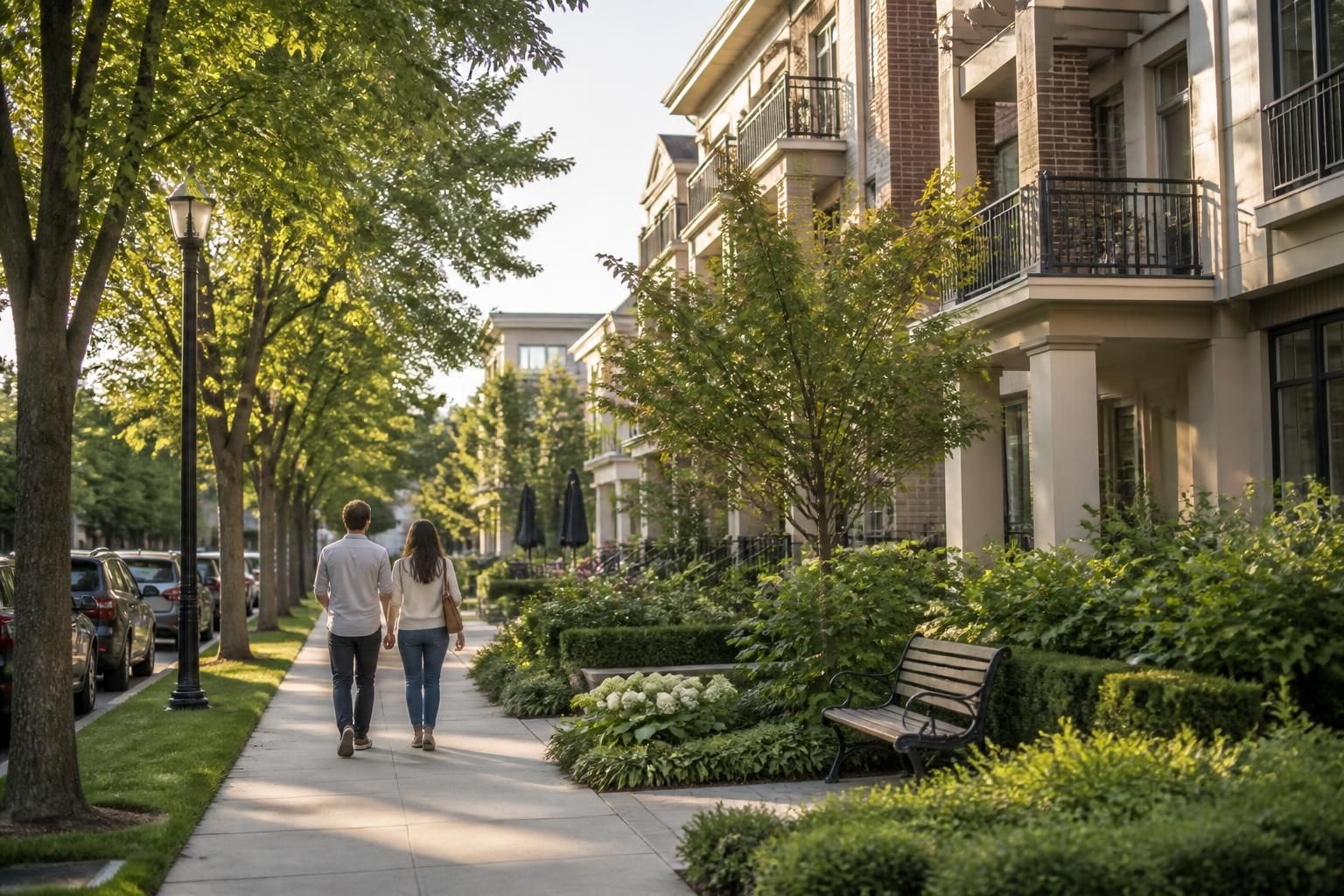Neighborhood boulevard with landscaping and soft afternoon light.