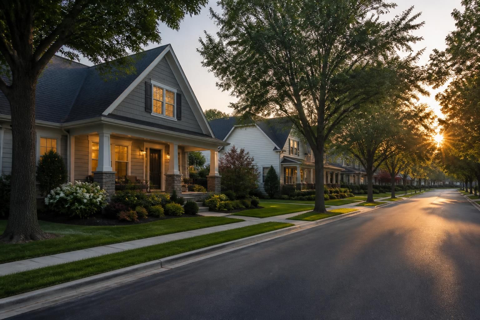 Welcoming suburban neighborhood street with mature trees.