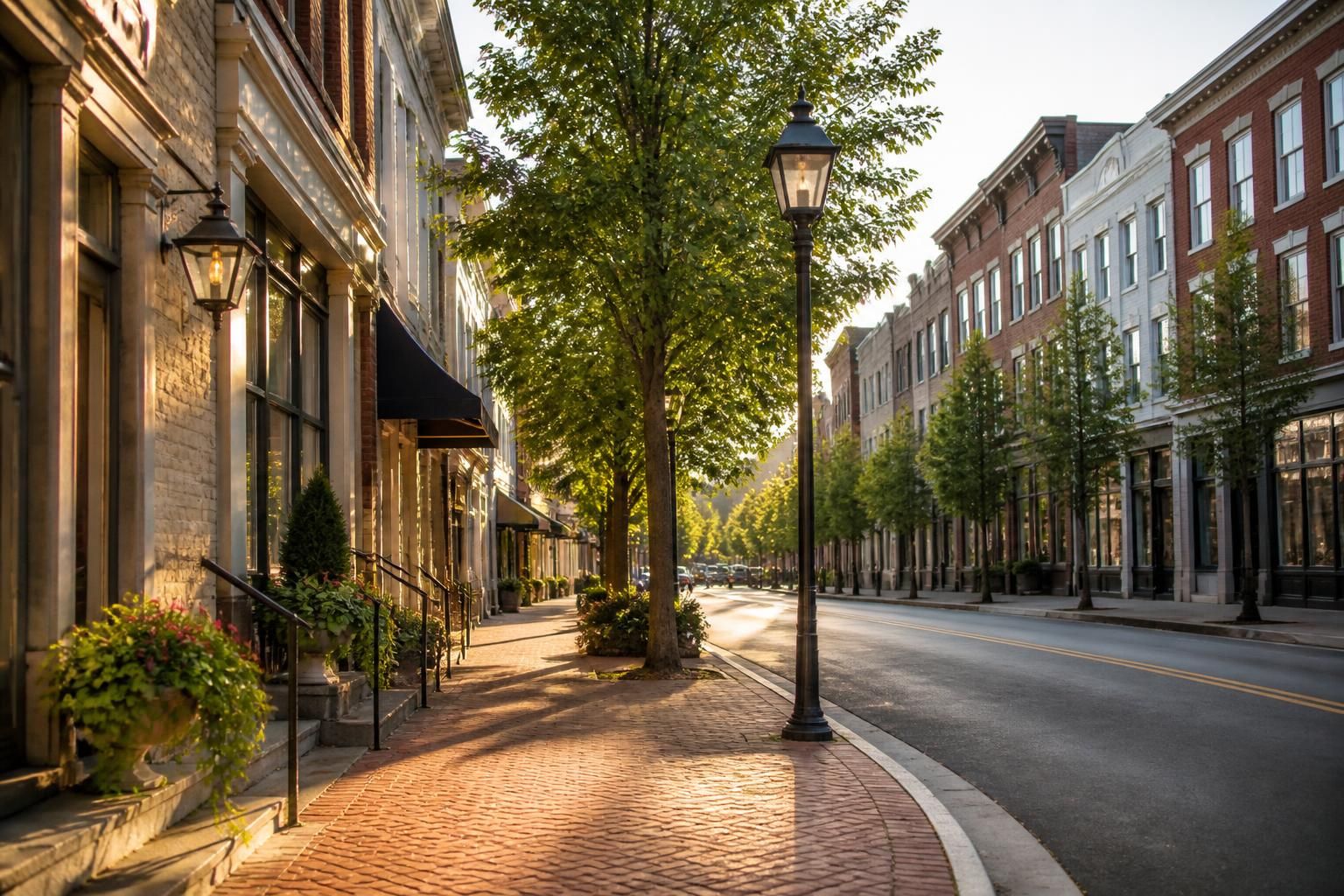 Charming downtown street with trees and soft afternoon light.