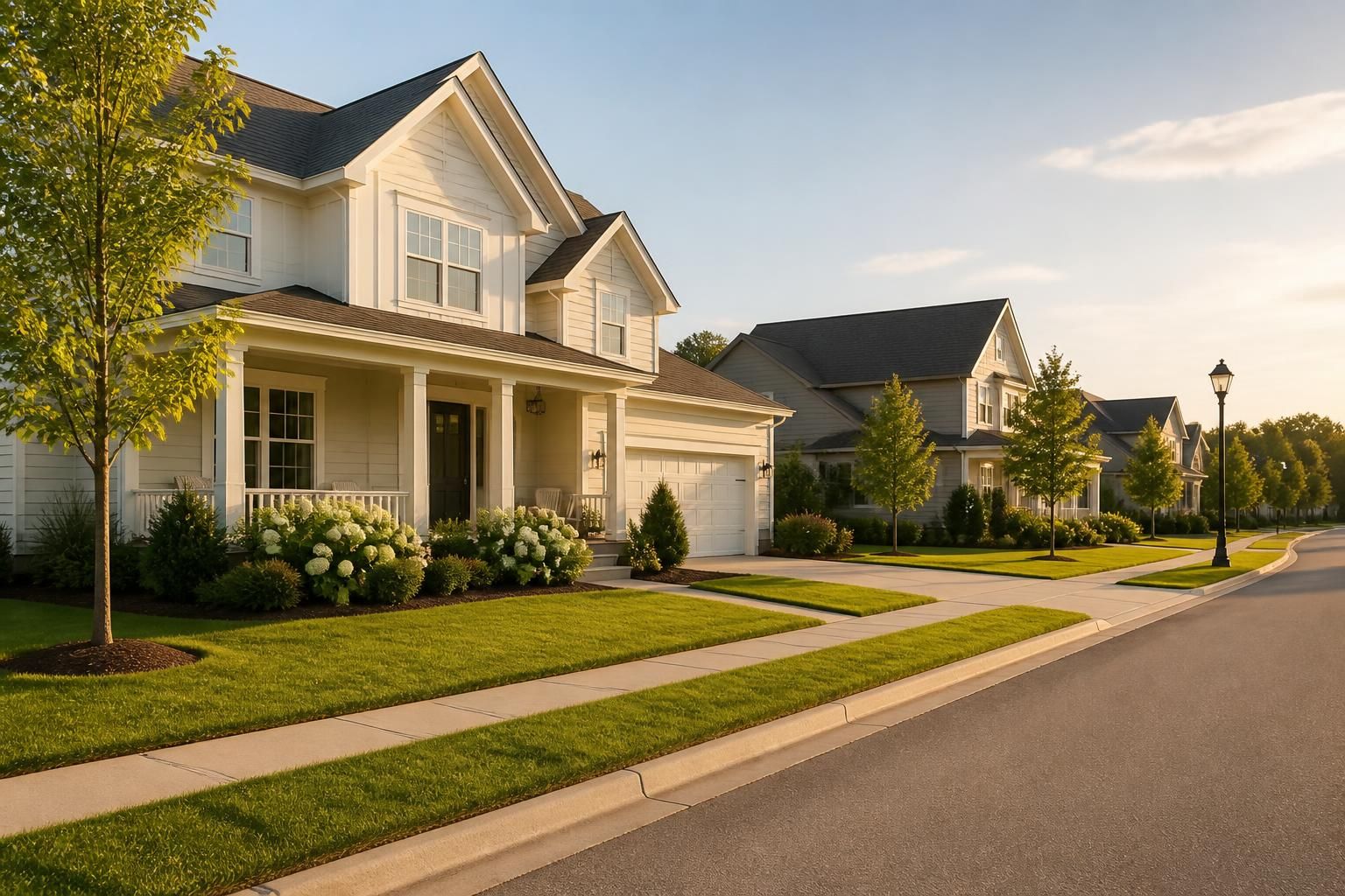 Residential neighborhood with manicured lawns and soft golden light.