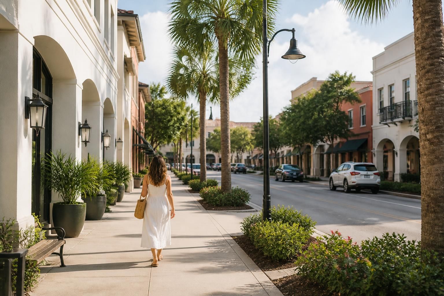 Local street with clean buildings and palm-lined sidewalks.