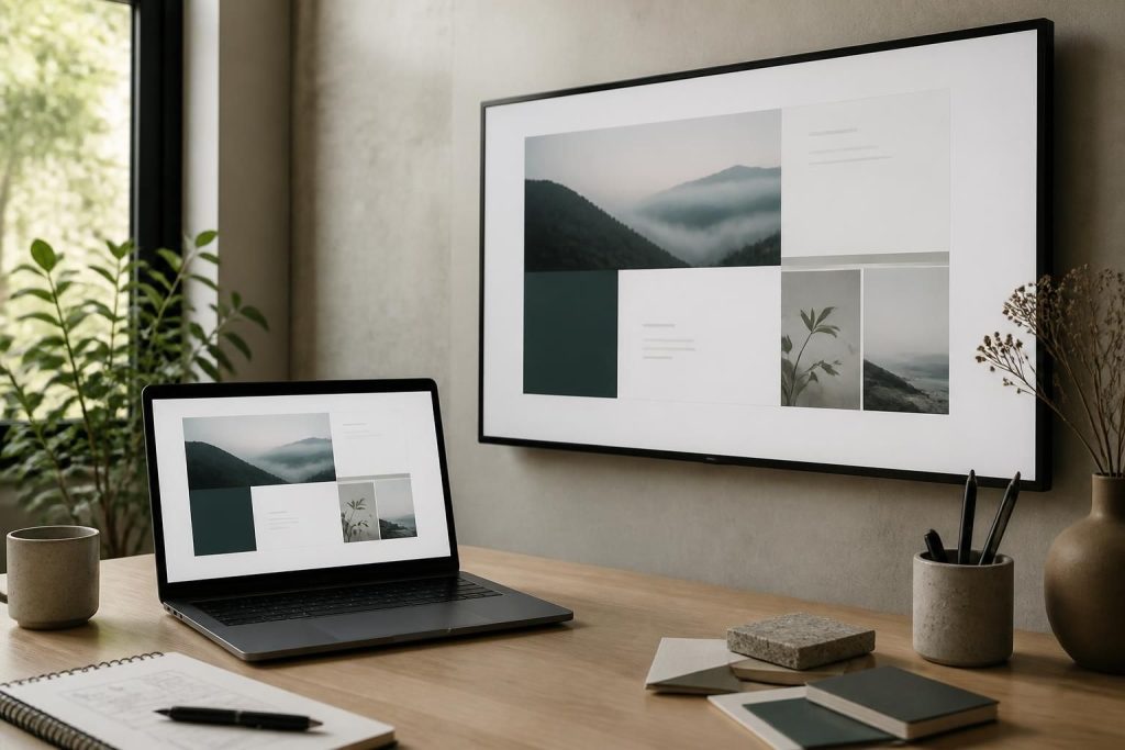 Modern workspace with website design screens and clean natural light.